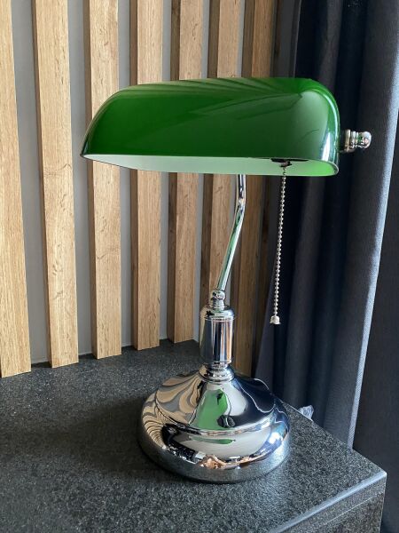 8822 CHR Lampa bankierska zielona chromowana od ręki