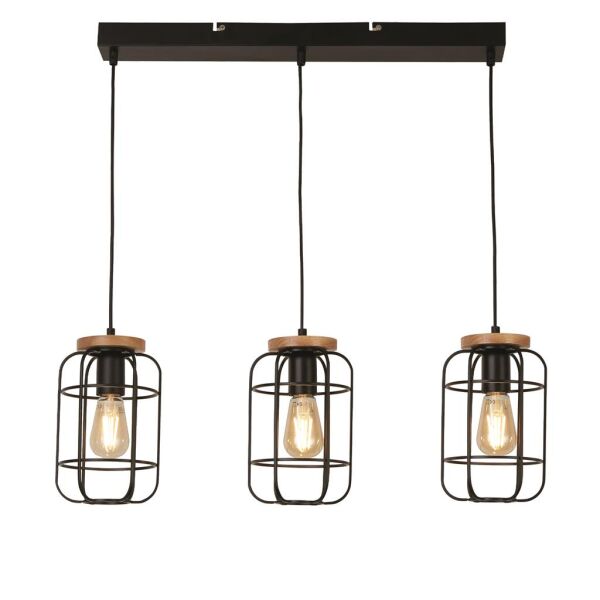 81953-3BK Vision 3Lt Cage Bar Lampa wisząca - Matt czarny & drewno Searchlight