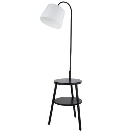 EU74730BK Ridge Shelf Floor Lamp - Black Metal, Wood & White Fabric Searchlight