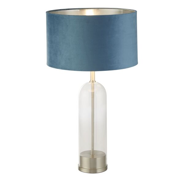 EU81713TE Oxford Table Lamp - Glass, Satin Nickel, Teal Velvet Shade Searchlight