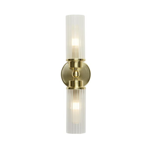 29982SB Imperial 2Lt Wall Light, Satin Brass Metal & Clear Ribbed Gl Searchlight