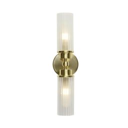 29982SB Imperial 2Lt Wall Light, Satin Brass Metal & Clear Ribbed Gl Searchlight