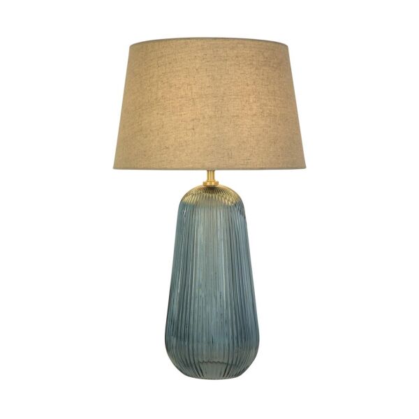 EU44652AZ Cameo Blue Ribbed Glass Table Lamp With Natural Linen Shade Searchlight