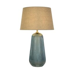 EU44652AZ Cameo Blue Ribbed Glass Table Lamp With Natural Linen Shade Searchlight