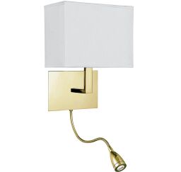 6519SB Hotel Wall Light- Satin Brass Metal & White Fabric Shade Searchlight