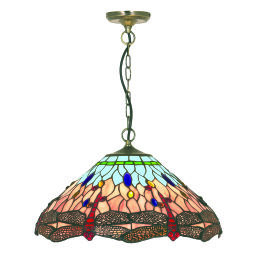 1283-16 Dragonfly  Pendant  - Antique Brass Metal & Stained Glass Searchlight