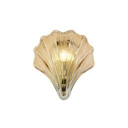 28980SB Shell 1Lt Wall Light, Satin Brass Metal & Amber Glass IP44 Searchlight